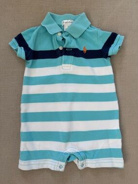 Ralph Lauren Striped Polo Romper - Aqua, White & Navy